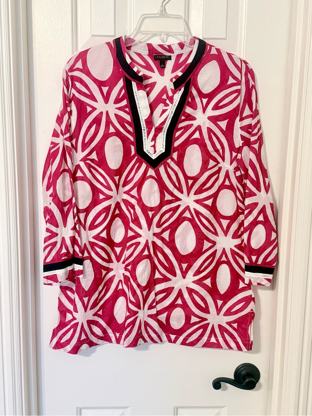 Talbots Linen Red and Navy Geometric V-Neck Tunic